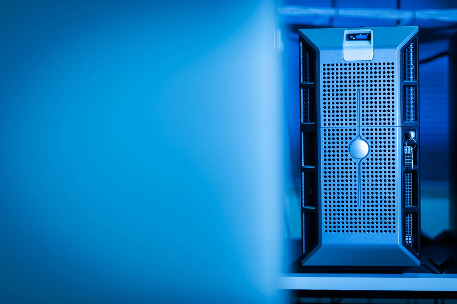 Blue-lit enterprise server infrastructure